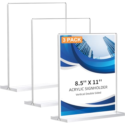 3 Pack Acrylic Sign Holder 8.5 x 11, Double-Sided Clear Sign Holder Plastic Stands for Display, T Shape Acrylic Table Sign...