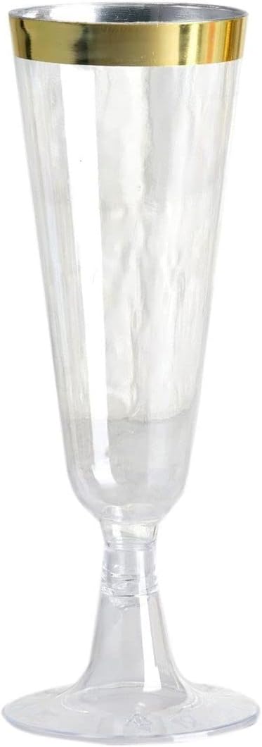 24 pcs 5 oz Clear with Gold Rim Plastic Champagne Flutes Glasses - Clear Drinkware, Plastic Wine Glasses for Weddings Part...