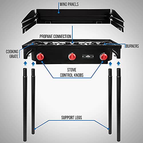 Hike Crew Cast Iron 3-Burner Outdoor Gas Stove | 225,000 BTU Portable Propane Cooktop w/Blue Flame Control, Removable Leg...