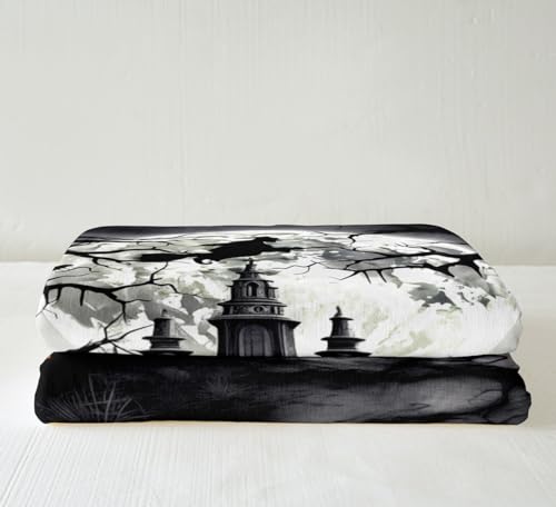 Halloween Themed Flannel Blanket,Black Retro Holiday Style Gothic Fuzzy Blanket for Children Present,Moon Night Old Castle Pumpkin Lantern Polyester Throw Blanket for Couch, Twin Size (60 x 80 Inch)
