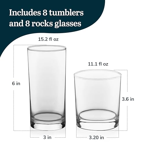 Libbey Province Tumbler and Rocks Glass Set, Elegant Drinkware Glasses Set, Dishwasher Safe Drinking Glasses Set of 16