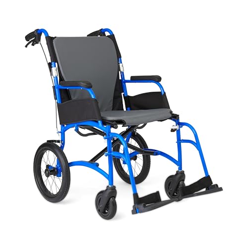 Medline Ultralight Transport Chair, Lightweight Folding Wheelchair with 12 in Rear Wheels, Padded Armrests, Swing Away Foo...