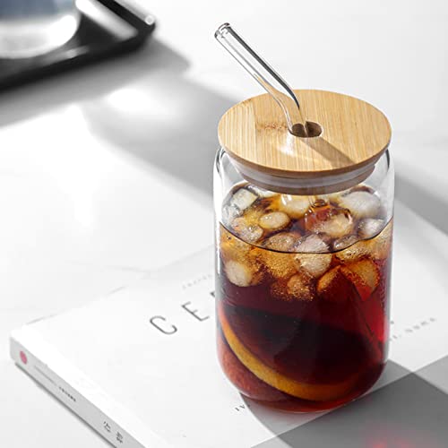 WISIMMALL Drinking Glasses with Bamboo Lids and Glass Straw 2PCS Set, 16oz Glass Cups with Lids and Straws, Beer, Iced Cof...