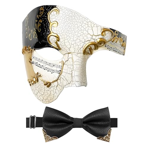 IncreDecor Masquerade Mask for Men Phantom of The Opera Half Face Mask with Bowtie, Venetian Masks for Halloween Party