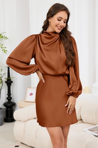 ZTMZA Women's 2025 Fall Long Sleeve Satin Short Dress Elegant Mock Neck Formal Wedding Guest Cocktail Party Mini Dresses