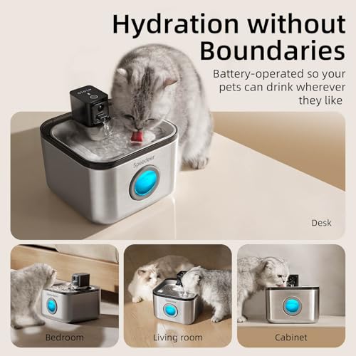 Speedeer Wireless Cat Water Fountain Stainless Steel, 135oz/4L Pet Fountain Battery Operated, Cordless Running Water Dispe...