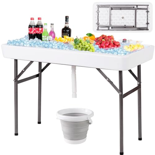 Giantex 4 FT Folding Ice Cooler Table with Drain & Bucket, Removable Skirt, No Assembly, Portable Fill and Chill Table for...