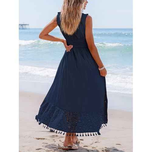 CUPSHE Women's Maxi Dress V Neck Sleeveless Lace Tassel Smocked Waist Cover Up Beach Formal Long Dress