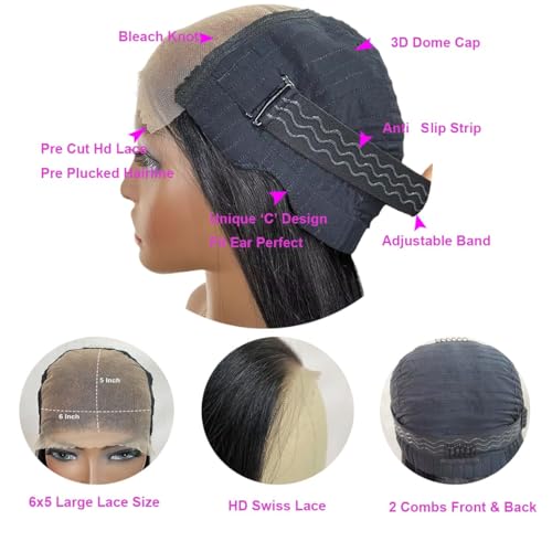 6x5 HD Lace Front Wig Wear and Go Glueless Wigs Human Hair Pre Plucked Pre Cut 200% Density Straight Lace Front Wigs Human Hair Glueless Lace Front Wigs For Women 22 Inch