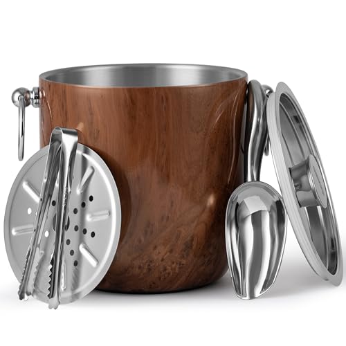 Golden Cudgel Insulated Ice Bucket, 3L Double Wall Stainless Steel Ice Bucket with Tongs,Lid, Scoop and Strainer, Ice Buck...
