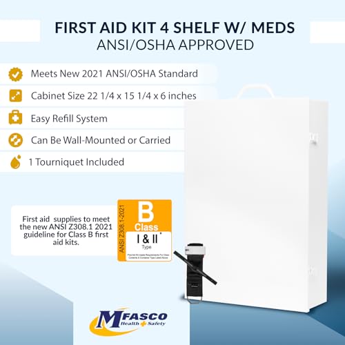 MFASCO Commercial Wall Mount 4 Shelf First Aid Kit - OSHA & ANSI Compliant, Refillable Metal First Aid Cabinet for Busines...