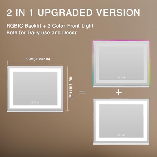 COOLJEEN RGB Vanity Mirror with Lights 23¡± X 18¡± Makeup Mirror with Front Light and RGB Backlit Lighted Makeup Mirror with 3 Color Lighting Dimmable Tempered Glass 10x Magnification and Wall-Mounted