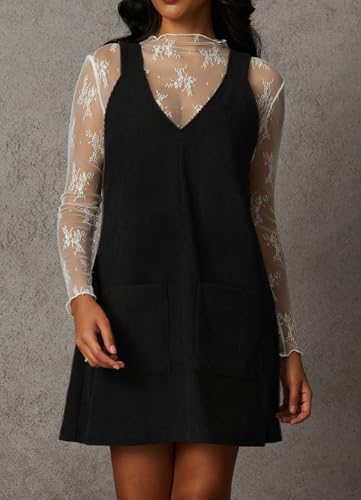 Navneet Corduroy Overall Dress for Women V Neck Sleeveless Pinafore Jumper Mini Dress with Pockets