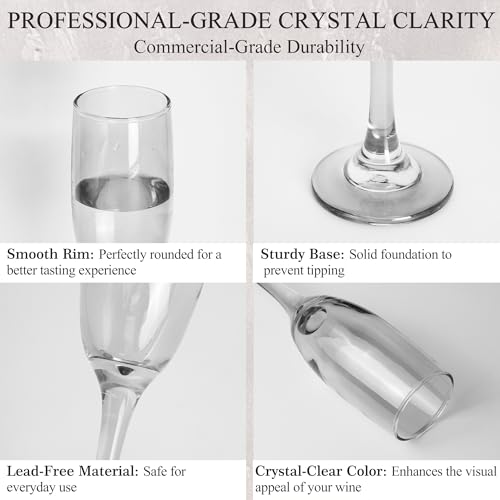 GLAZVIA Champagne Flutes Glasses Set of 6-6oz Elegant Crystal Glass, Classic Long Stem Clear Champagne Flute Gift for Wedd...