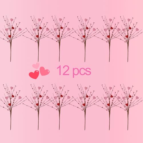 zjlmit Valentine's Day Picks, 12 Pieces Artificial Pink Heart Shaped Berry Branches, 17.7 Inch Valentine's Day Heart Picks...