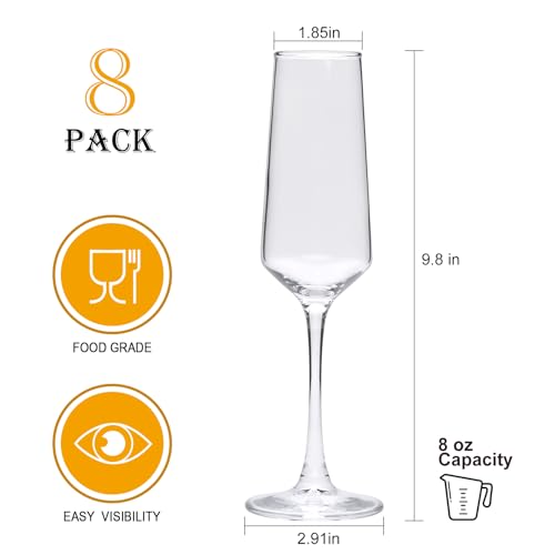 Ufrount Champagne Glasses Set of 8,Elegant 8oz Champagne Flutes,Clear Sparkling Champagne Flutes Glass Mimosa Glass for Pr...