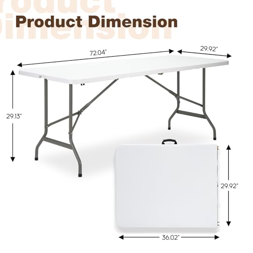 Folding Table 6ft, Heavy-Duty 500lbs Weight Capacity Foldable Table with HDPE Top & Steel Legs, Portable 6 Foot Picnic Tab...