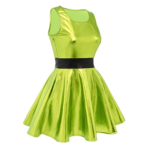 IMEKIS Women Girls Anime Halloween Costume Rave Outfit Metallic Mini Skater Dress Cosplay 80s Birthday Outfit