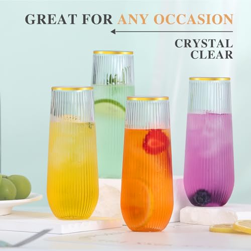 Lueumxc 48 Pack Plastic Ribbed Champagne Flutes, 9 Oz Stemless Disposable Gold Rim Clear Plastic Toasting Glasses Shatterp...