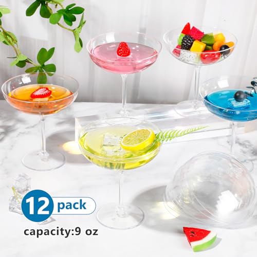 LemonRoad 12 Pcs Detachable Martini Glasses 9oz Disposable Plastic Coupe Cocktail Dessert Glassware Set for Champagne Wine...