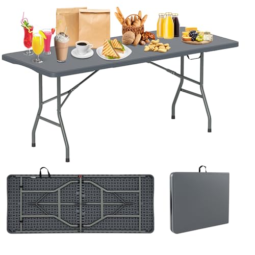 Folding Table, HDPE Portable Table with 6 ft Long Tabletop, Metal Frame Picnic Camping Table with Safe Lock, Collapsible D...