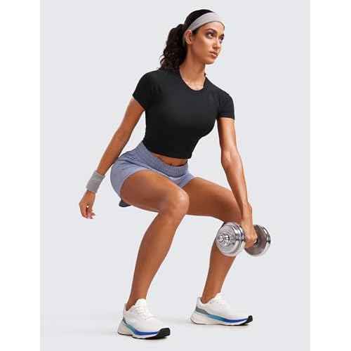 CRZ YOGA Seamless Crop Workout Tops for Women - Athletic Running Gym Yoga Short Sleeve Shirts Basic