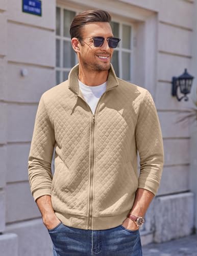 COOFANDY Mens Zip Up Sweatshirt Mock Neck Quilted Jacket Casual Lightweight Sweater Jackets with Pocket