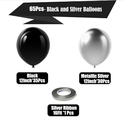 Black and Silver Balloons,65PCS 12 Inch Metallic Chrome Silver and Black Latex Balloons for Birthday Graduation Anniversar...