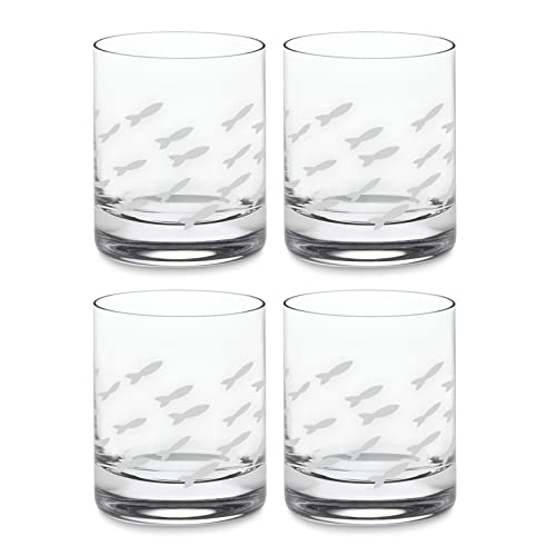 Wine Savant Old Fashion Drinking Glasses - Fish Wine Glasses for White & Red Wine, Whiskey or Water - Individually Sand Et...