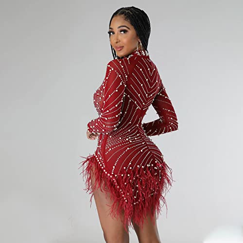 ENOPINK Women Sexy Rhinestone Feather Dress Mesh Sheer Bodycon Long Sleeve Mini Dresses Birthday Outfits Clubwear