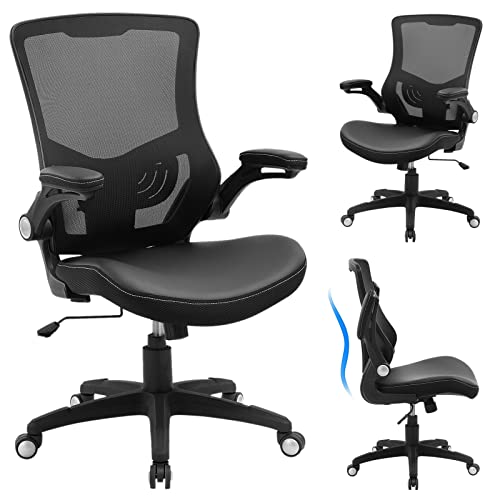 Office Chair Ergonomic Desk Chair, Computer PU Leather Home Office Chair, Swivel Mesh Back Adjustable Lumbar Support Flip-...