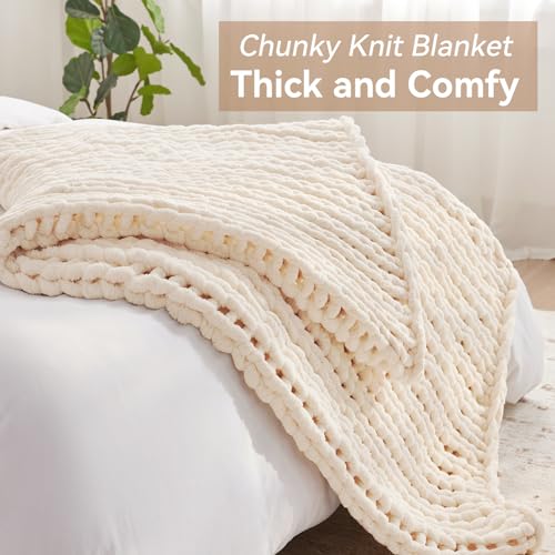 Negwoo Chunky Knit Throw Blanket, 50''*60'' Knitted Throw Chenille Yarn for Bed Couch, Handmade Cream Crochet Big Thick Bl...