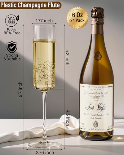 Nervure 24 Pack Plastic Champagne Flutes - 6 Oz Clear Disposable Champagne Flutes - Square Plastic Toasting Glasses for Pa...