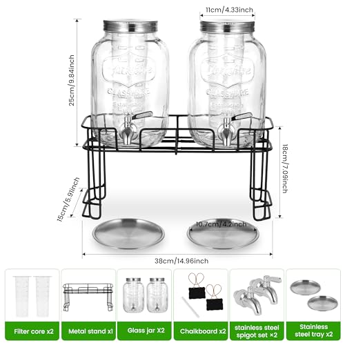 Drink Dispenser, 2 Pack 1 Gallon Glass Drink Dispensers For Parties,Beverage Dispenser, Glass Drink Dispenser With Stand A...