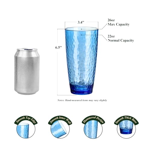 MIYOPESI 26oz Blue Acrylic Glasses Drinkware (Set of 6), Hammered Design Shatter-Proof Plastic Cups, Reusable Plastic Larg...
