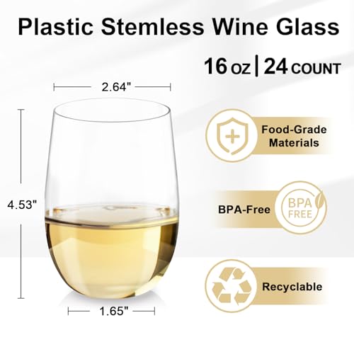 Lamosi 24 Pack Plastic Wine Glasses Disposable, 16 oz Stemless Wine Glasses for Party, Reusable Crystal Clear Plastic Cup...
