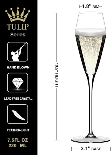 Champagne Flutes Glasses Set of 2, Hand Blown Crystal Wedding Flutes Glass, Ideal for Weddings, Anniversaries, Christmas, ...