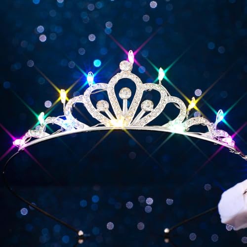 JEWEKY Light Up Tiara Glow Silver Led Rhinestone Princess Crown Birthday Hair Accessories for Women (01, One Size)