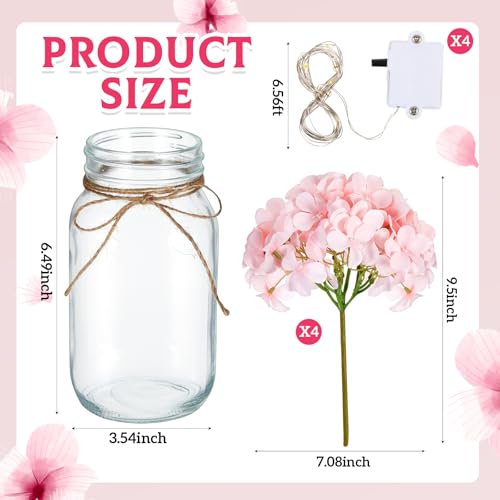 Juinte 4 Sets Mason Jar with Lights Pink Hydrangea Decorative Pink Centerpieces for Tables Mason Jars Flowers Decorations ...