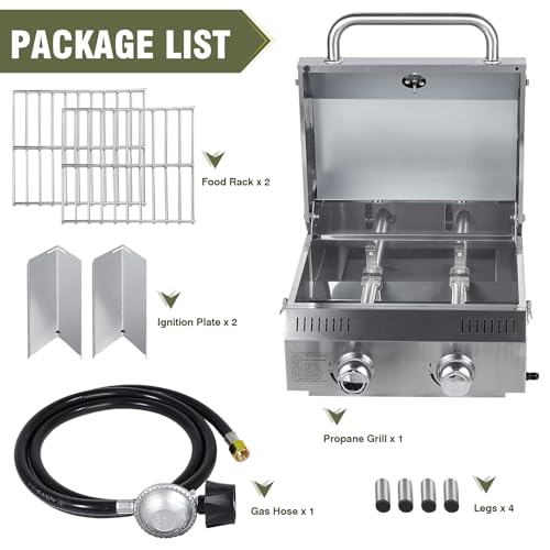 Bestfire Tabletop Gas Grill 2 Burners, 20,000 BTUs Stainless Steel Portable Propane Grill with Legs for Outdoor Patio Back...