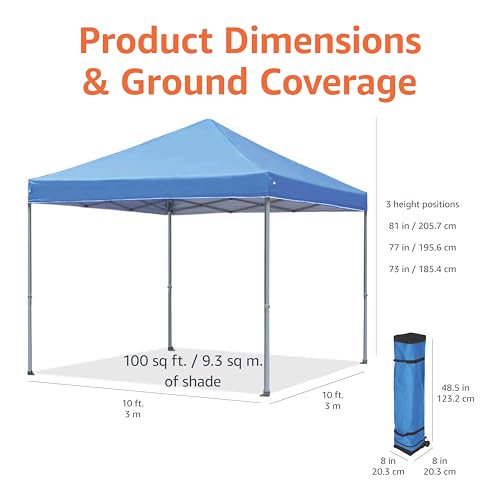 Amazon Basics Outdoor Pop Up 10 x 10 Canopy Tent for Events, Portable with Easy Setup, Includes Wheeled Carry Bag, 8 Pegs,...