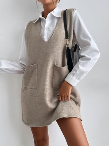 OYOANGLE Women's V Neck Sleeveless Knitted Solid Short Sweater Dress with Pockets