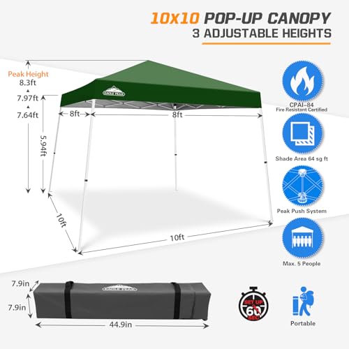 EAGLE PEAK 10x10 Slant Leg Pop-up Canopy Tent Easy One Person Setup Instant Outdoor Beach Canopy Folding Portable Sports S...
