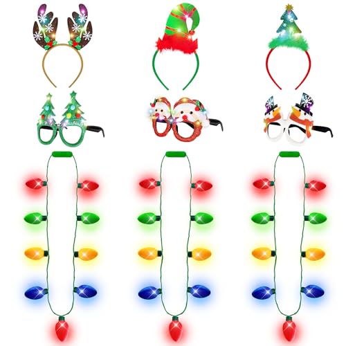 9PCS Christmas Party Favors, Light Up Christmas Necklace Headband Glasses Set, Xmas Bulb Necklace Antler Tree Lights Holid...