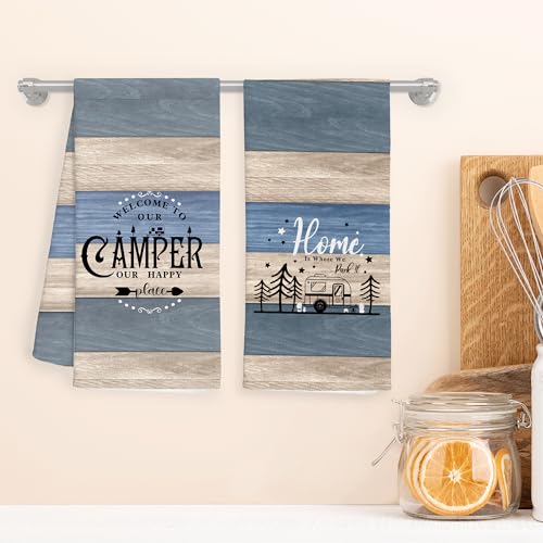 WFSM Camping Kitchen Towels Set of 2, 16x24 Inches, Patterned Cotton Terrycloth Dish Cloths with Loop Weave, Super Soft, M...