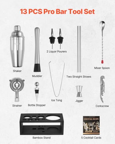 VEVOR Cocktail Shaker Set, 13-Piece Stainless Steel Bar Tools with Bamboo Stand, Martini Bartender Kit Accessories | Mixer...