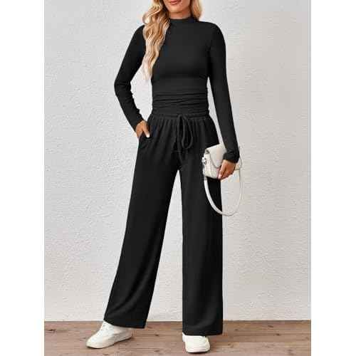 Trendy Queen Womens 2 Piece Matching Lounge Set Mock Turtleneck Top Wide Leg Pants Casual Sweatsuit with Pockets