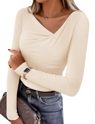 ZESICA Women's Long Sleeve Asymmetrical Neck Ruched Slim Fit Shirts 2026 Fall Fashion Casual Tee Going Out Tops