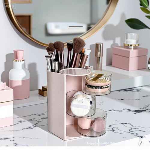 Hair Accessories Organizer with Hair Brush Holder, Rotatable Makeup Brush Holder for Necklaces, Earring, Bracelet, Ring, Makeup Brushes, Hair Clip and Hair Accessories (Pink, 3-Layer)