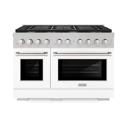 ZLINE 48 in. 6.7 cu. ft. Paramount Double Oven Dual Fuel Range with 8 Burner Gas Cooktop in Satin Stainless Steel with Whi...